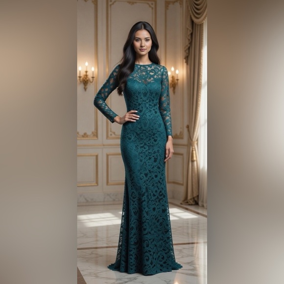 MARINA Dresses & Skirts - Beautiful Jade Green Long Sleeve Lace Elegant Dress